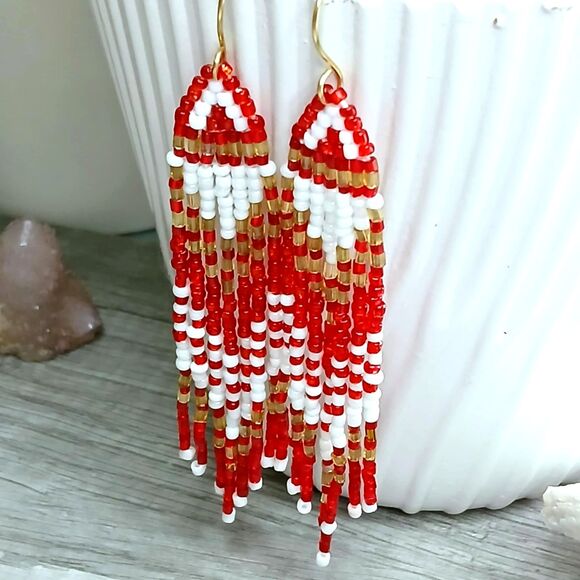 Boho Chic Beaded Fringe Dangle Earrings, Gold Red White, 4" - Picture 3 of 8